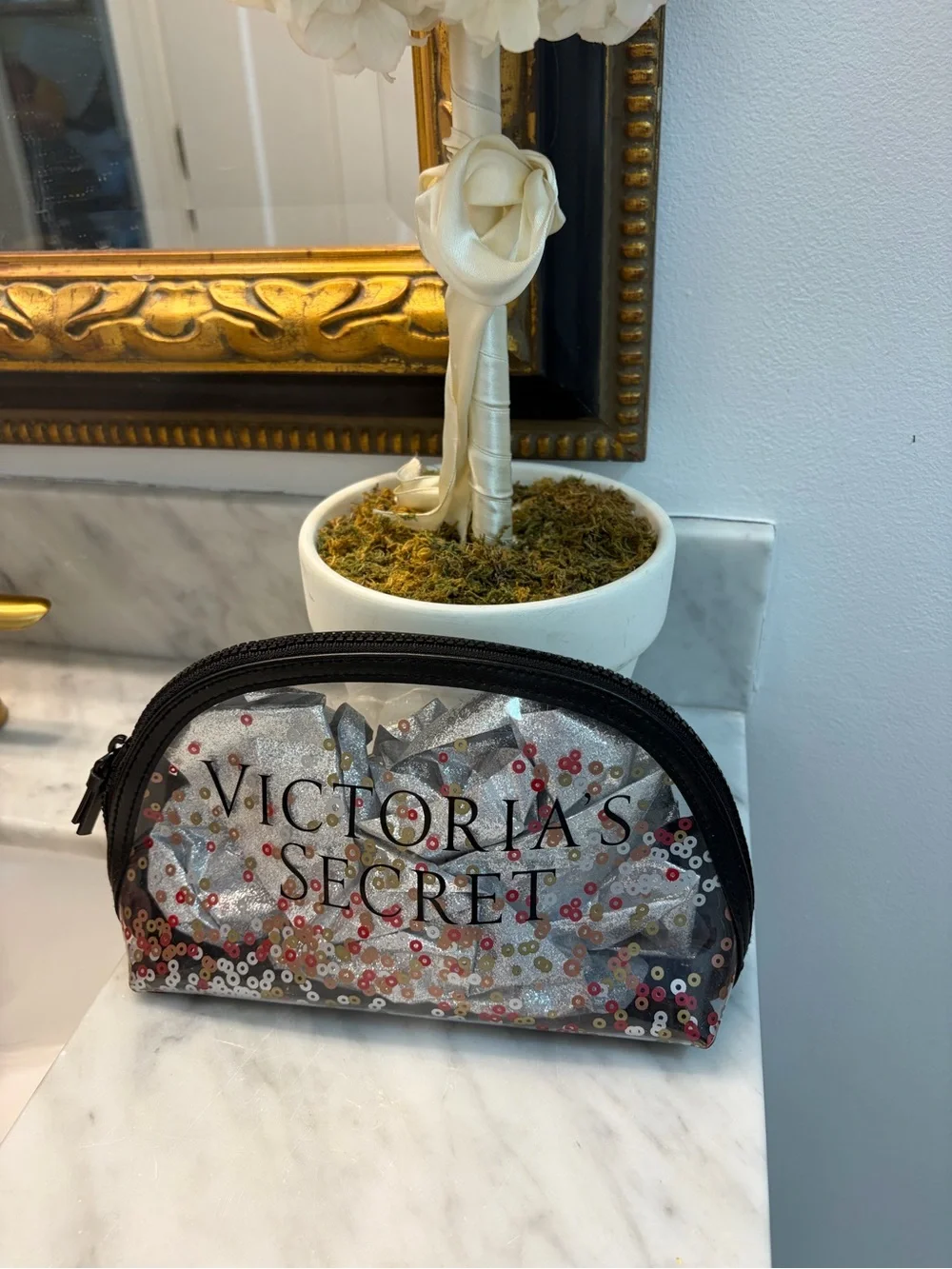 Bundle Victoria's Secret Clear Sequin Cosmetic Bag & Silver heart necklace